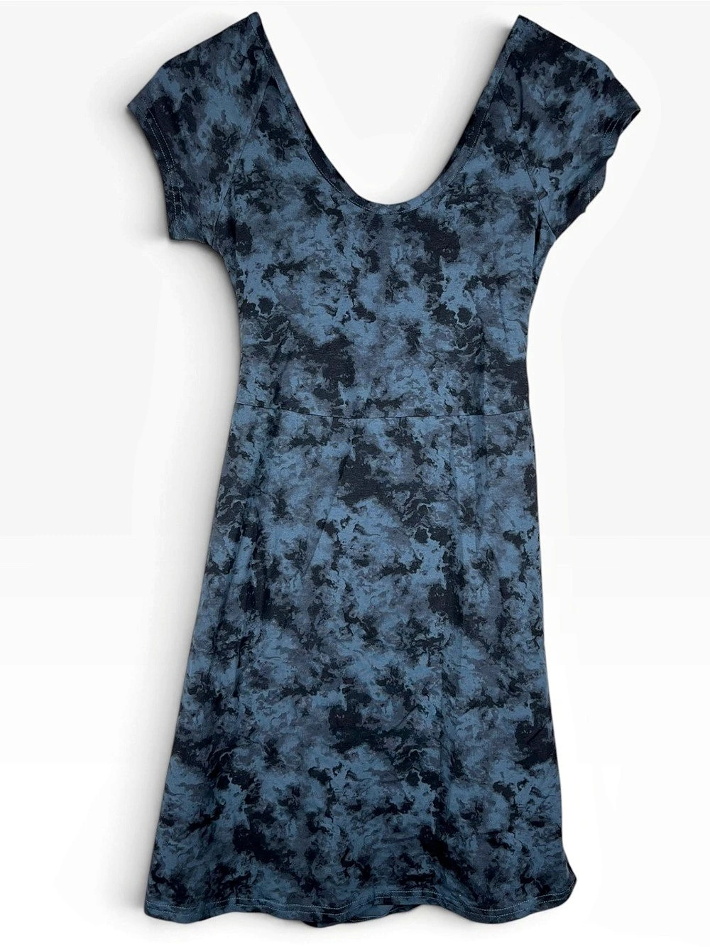 Pact Womens Fit Flare Mini Dress Size M Black Blue Tie Dye Cotton Open Back